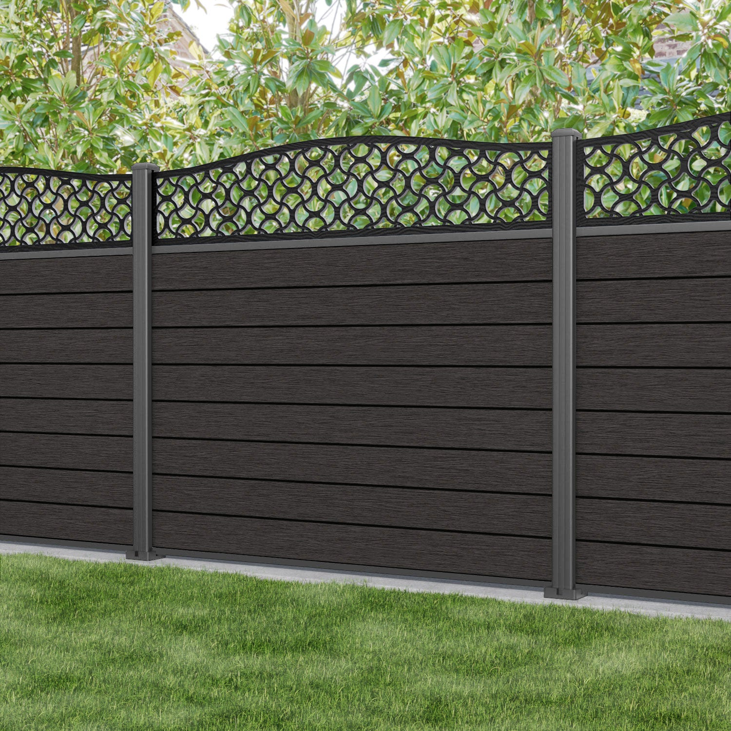 Fusion Vida Curved Top Fence Panel - Dark Oak - with our aluminium posts