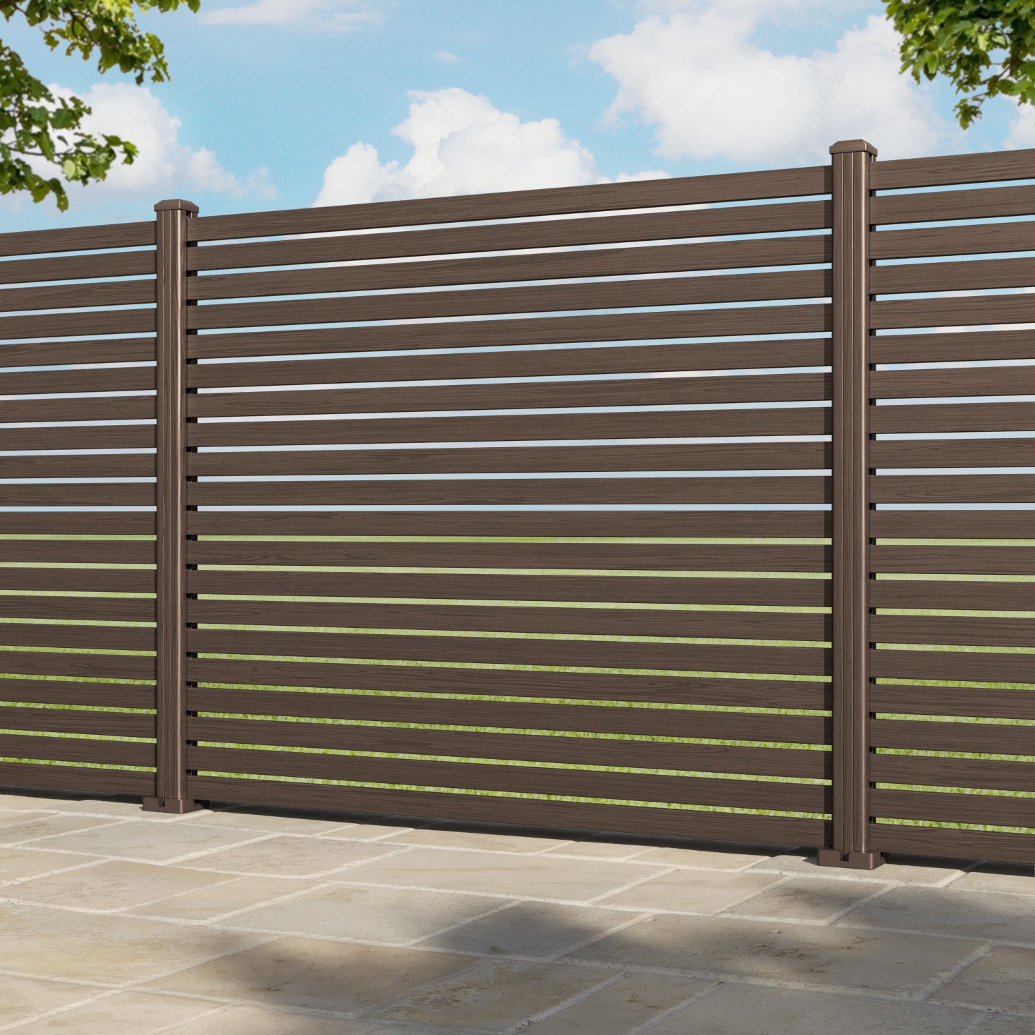 Aria Aluminium Fence Panel - Dark Oak - with our aluminium posts