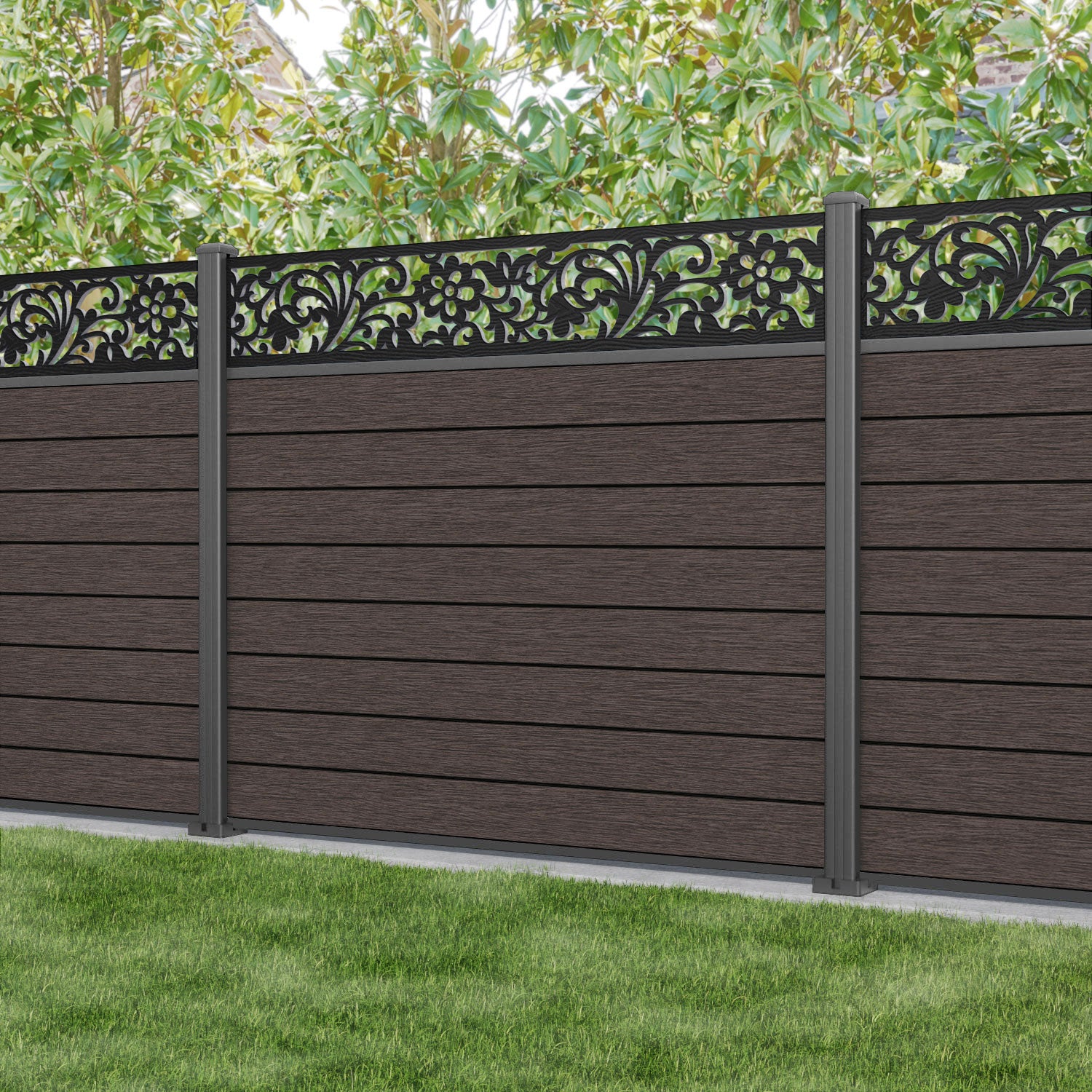Fusion Eden Fence Panel - Mid Brown - with our aluminium posts