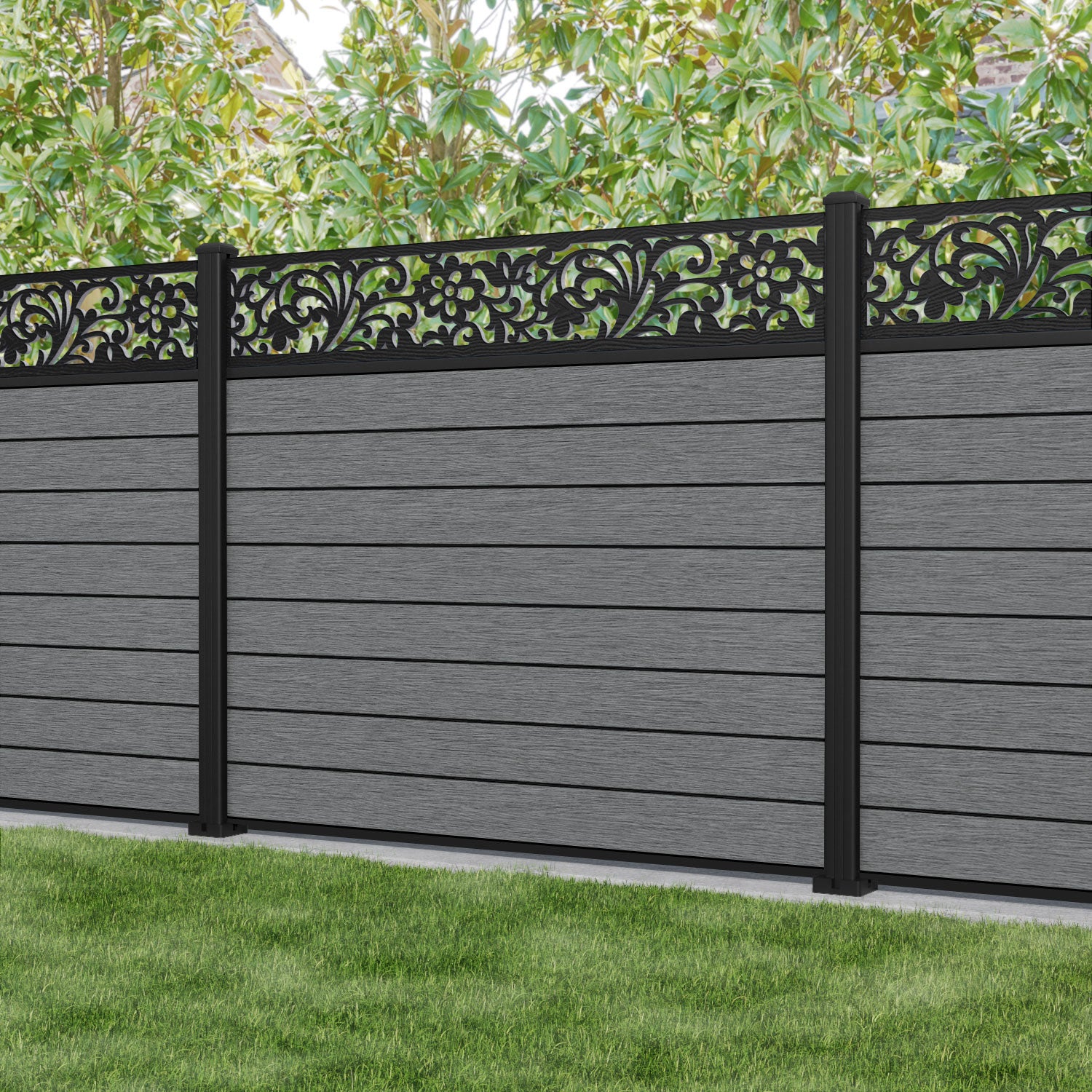 Fusion Eden Fence Panel - Mid Grey - with our aluminium posts