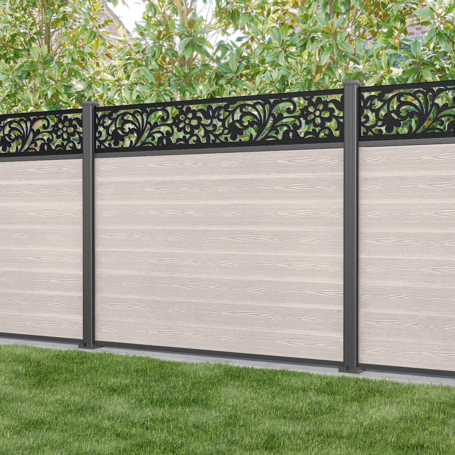 Classic Eden Fence Panel - Mid Stone - with our aluminium posts