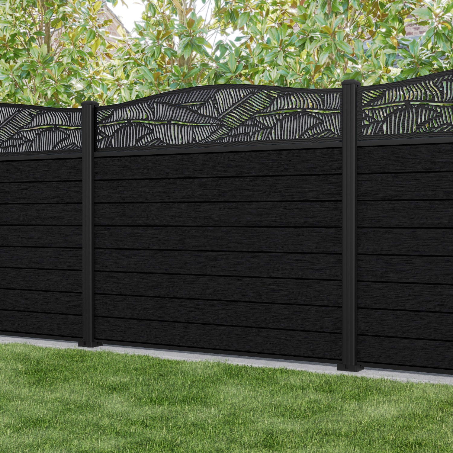 Fusion Feather Curved Top Fence Panel - Black - with our aluminium posts