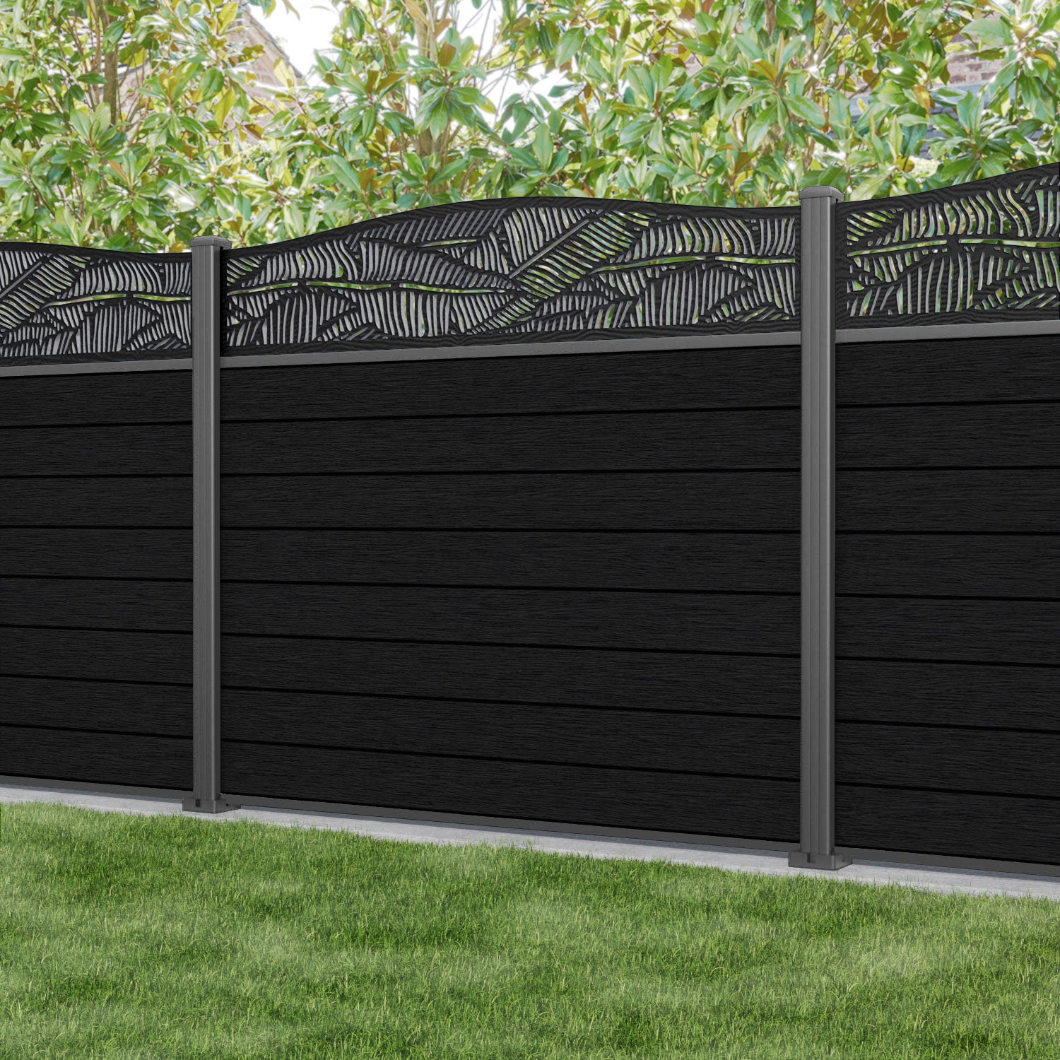 Fusion Feather Curved Top Fence Panel - Black - with our aluminium posts