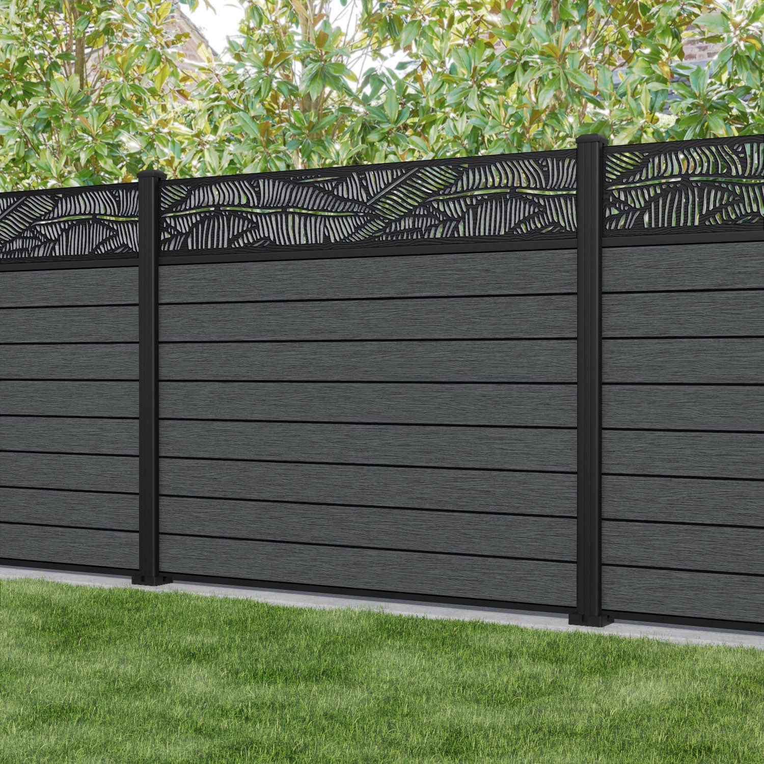 Fusion Feather Fence Panel - Dark Grey - with our aluminium posts