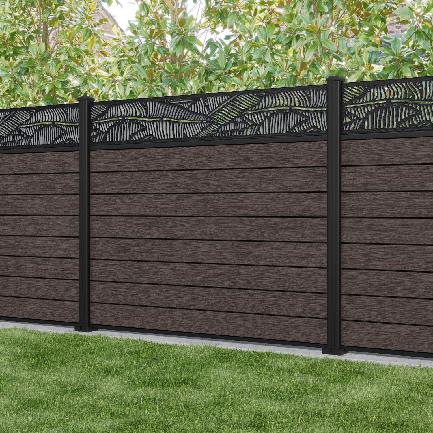 Fusion Feather Fence Panel - Mid Brown - with our aluminium posts