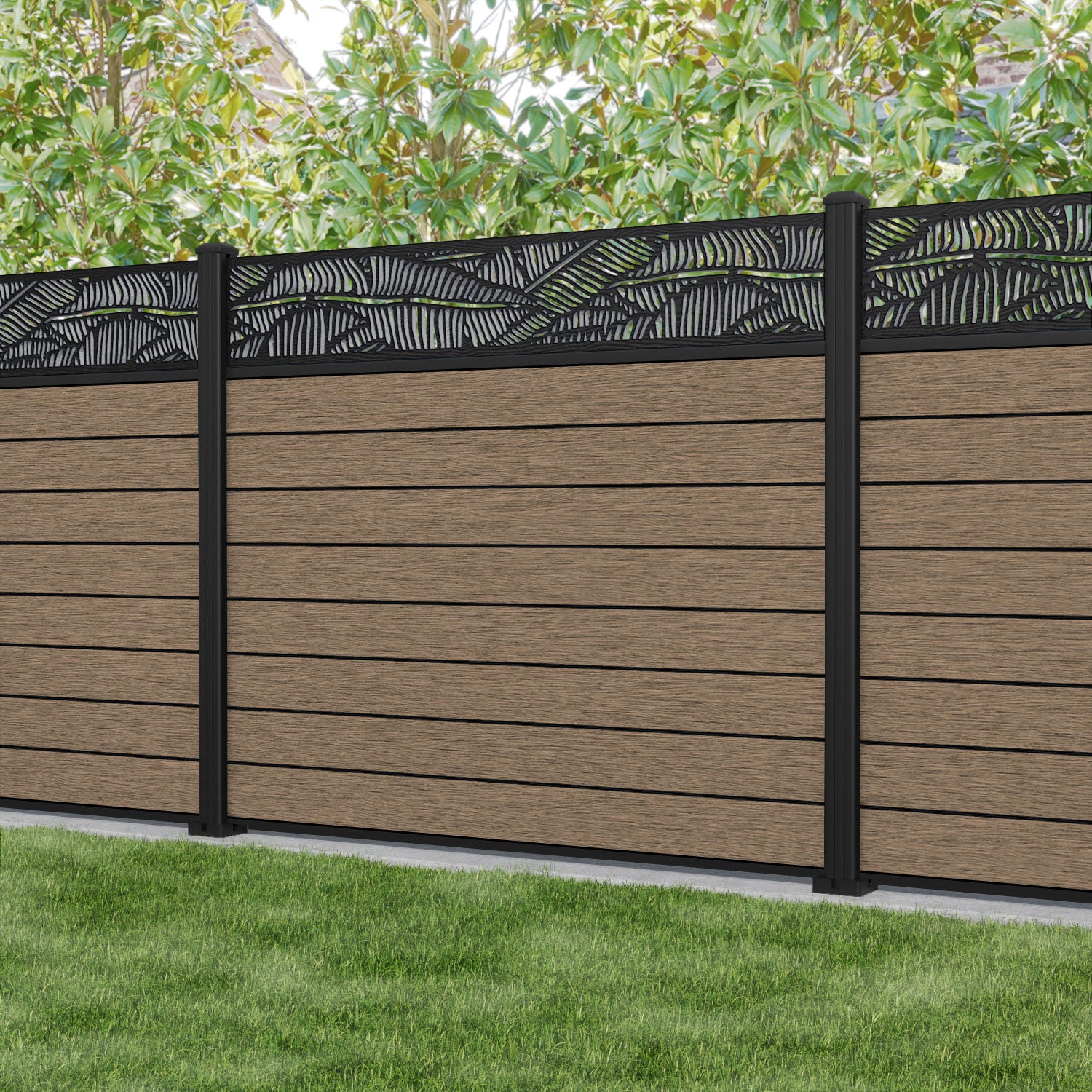 Fusion Feather Fence Panel - Teak - with our aluminium posts