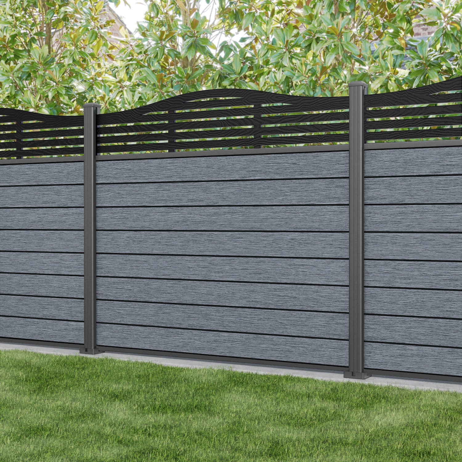 Fusion Aspen Curved Top Fence Panel - Anthracite - with our aluminium posts