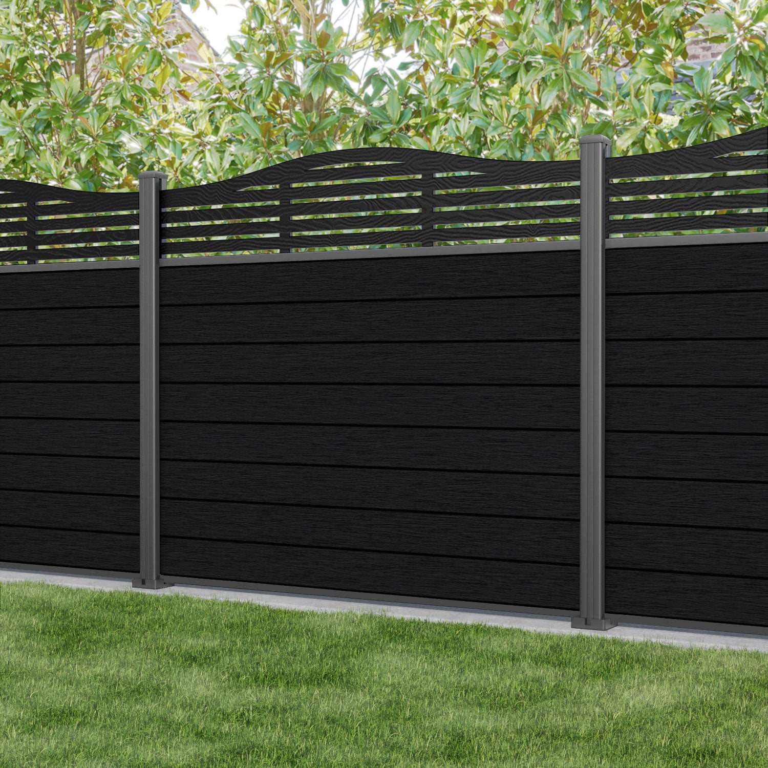 Fusion Aspen Curved Top Fence Panel - Black - with our aluminium posts