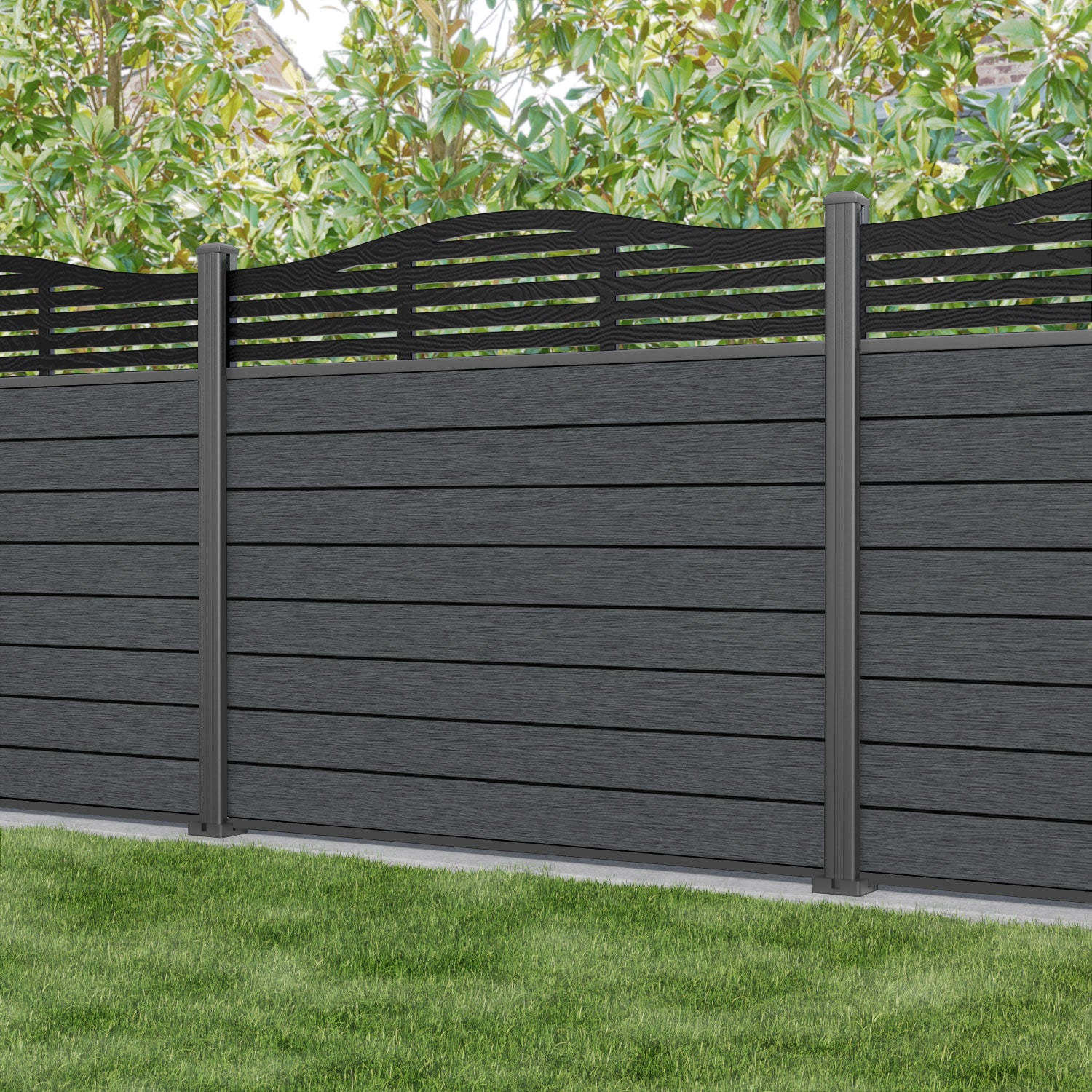 Fusion Aspen Curved Top Fence Panel - Dark Grey - with our aluminium posts