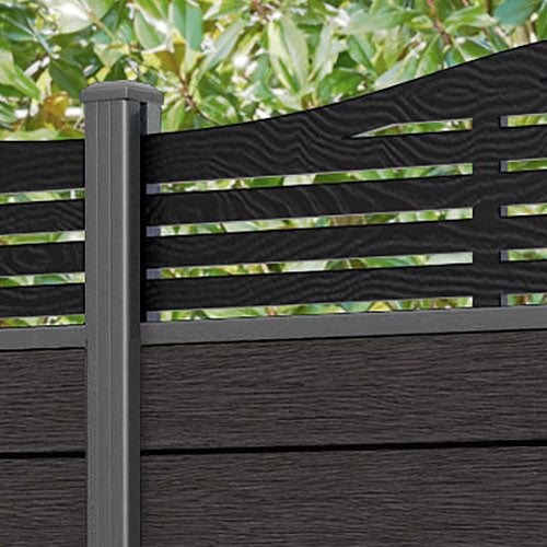Fusion Aspen Curved Top Fence Panel - Dark Oak - with our aluminium posts