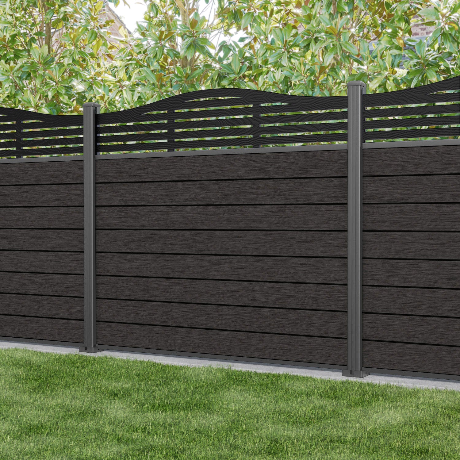 Fusion Aspen Curved Top Fence Panel - Dark Oak - with our aluminium posts