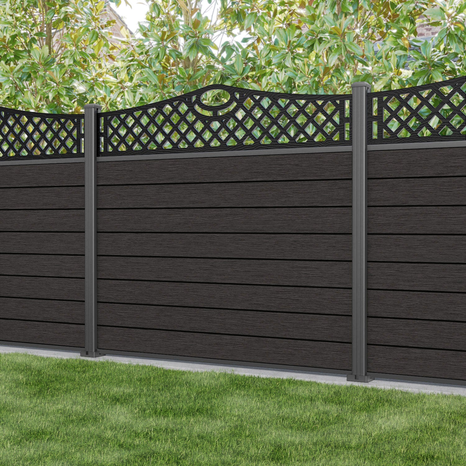 Fusion Oxford Curved Top Fence Panel - Dark Oak - with our aluminium posts