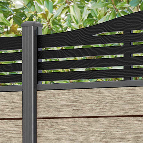 Fusion Aspen Curved Top Fence Panel - Light Oak - with our aluminium posts