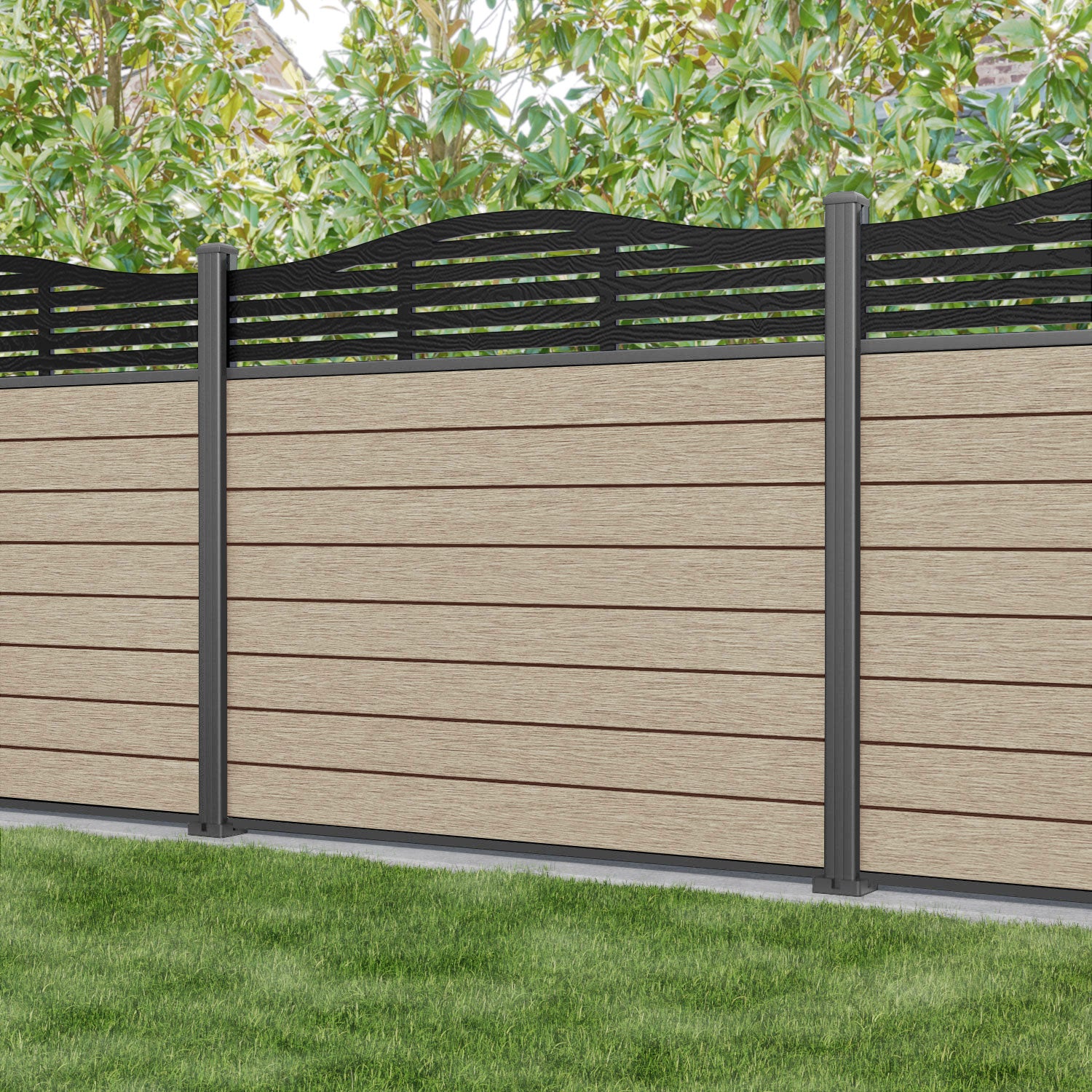 Fusion Aspen Curved Top Fence Panel - Light Oak - with our aluminium posts