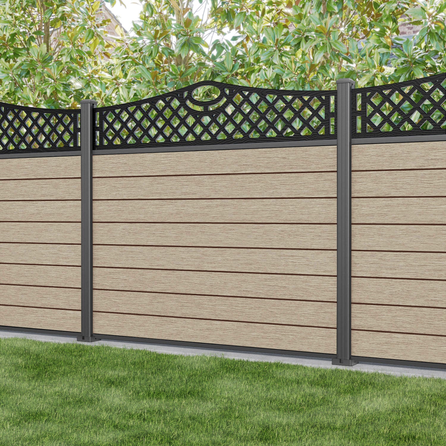 Fusion Oxford Curved Top Fence Panel - Light Oak - with our aluminium posts