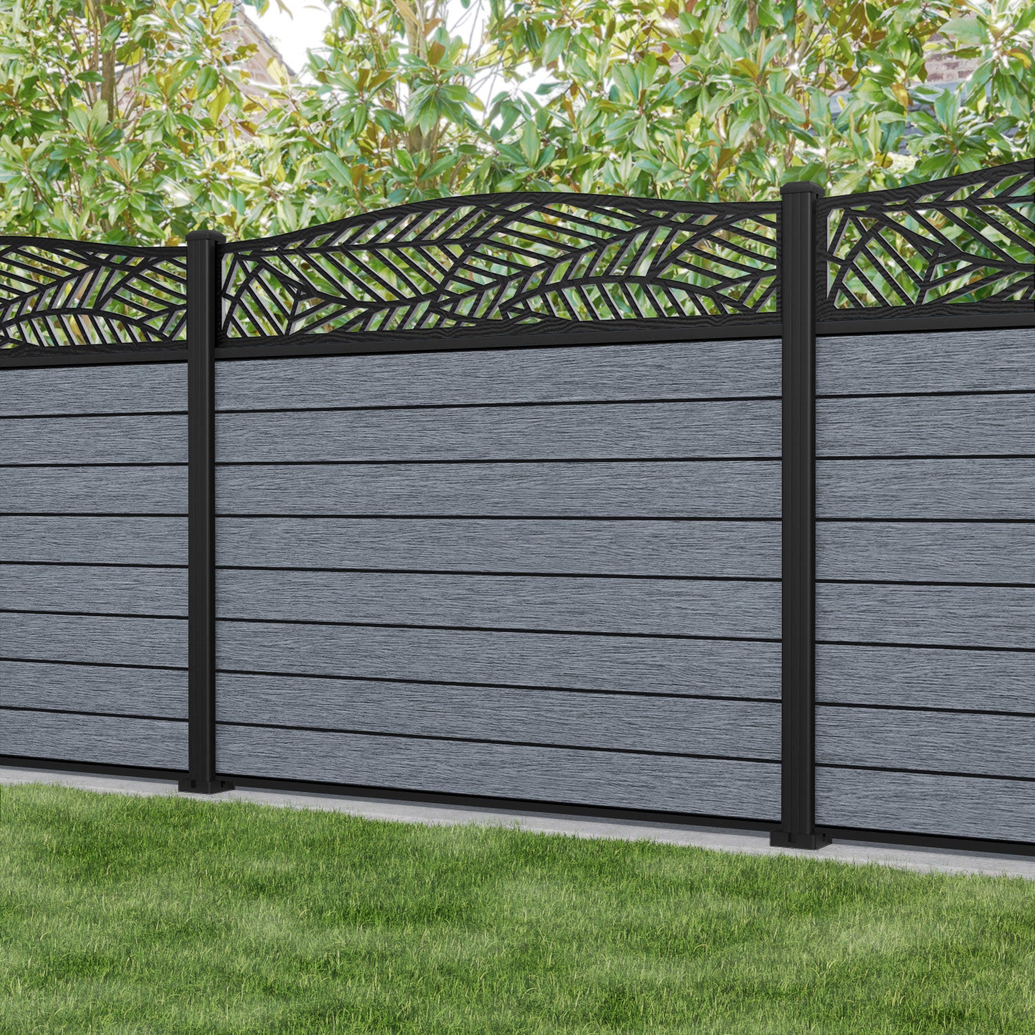 Fusion Habitat Curved Top Fence Panel - Anthracite - with our aluminium posts