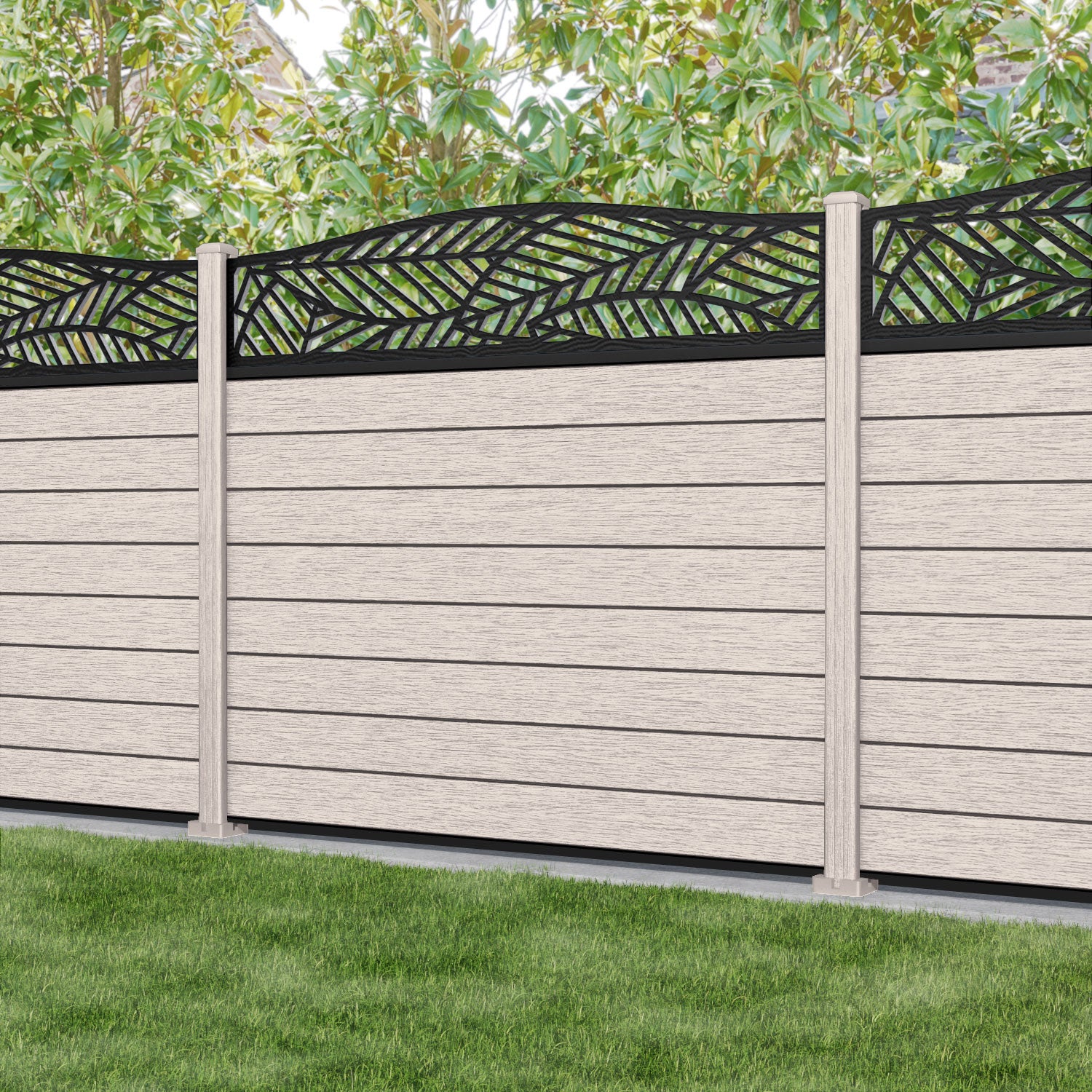 Fusion Habitat Curved Top Fence Panel - Mid Stone - with our composite posts
