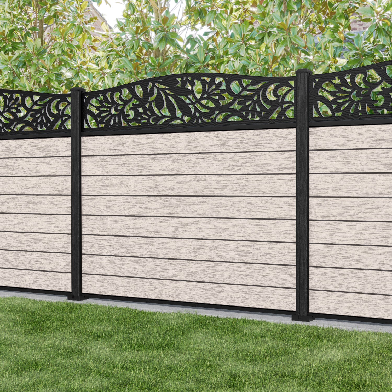Fusion Heritage Curved Top Fence Panel - Mid Stone - with our composite posts