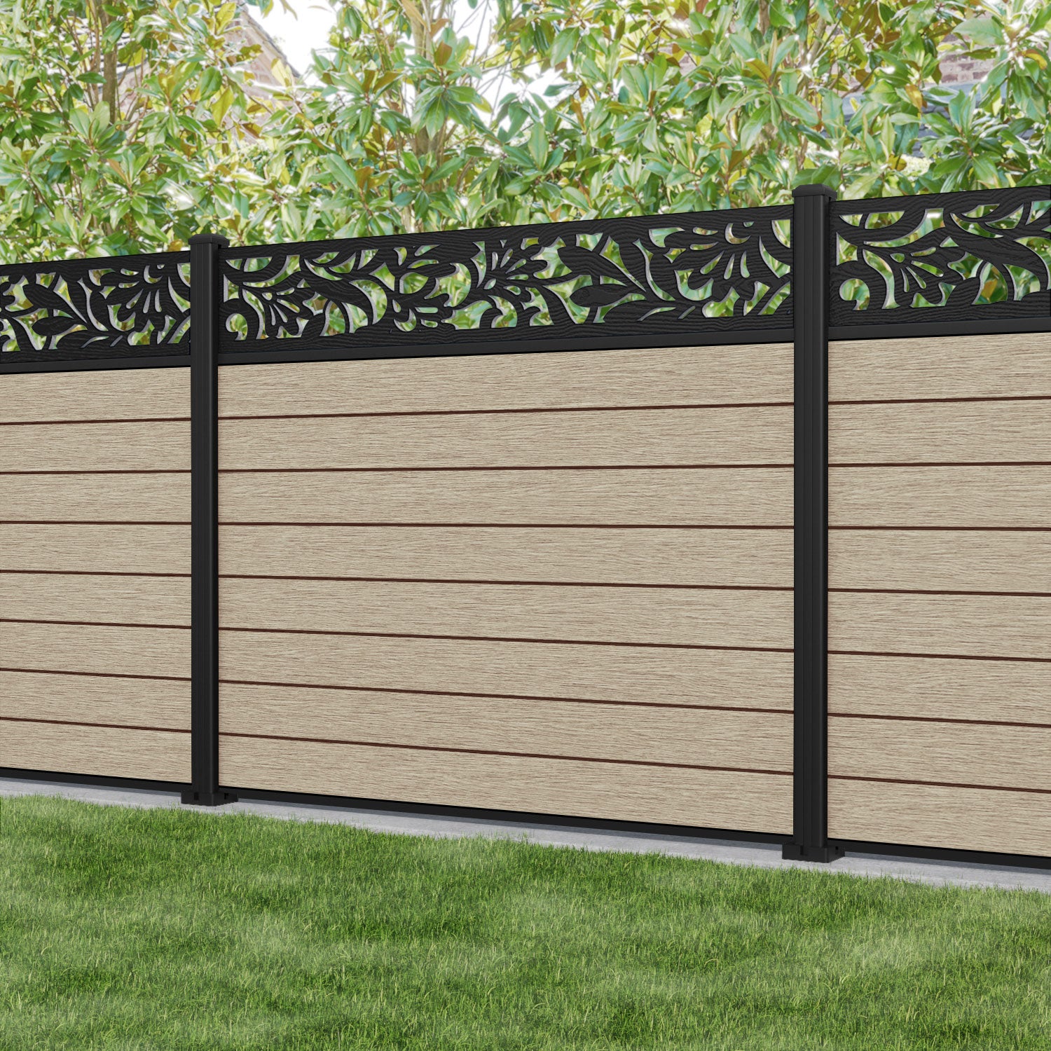 Fusion Heritage Fence Panel - Light Oak - with our aluminium posts