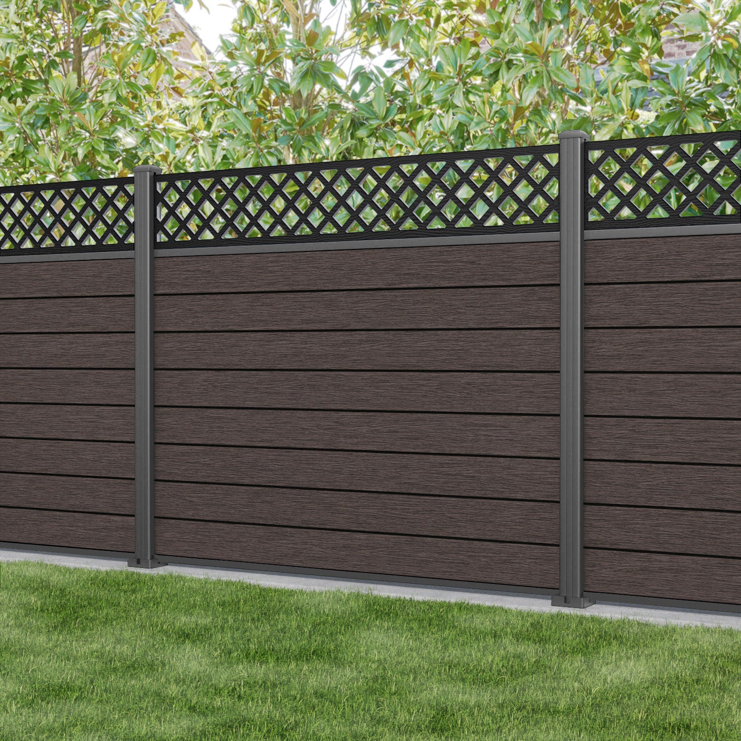 Fusion Hive Fence Panel - Mid Brown - with our aluminium posts