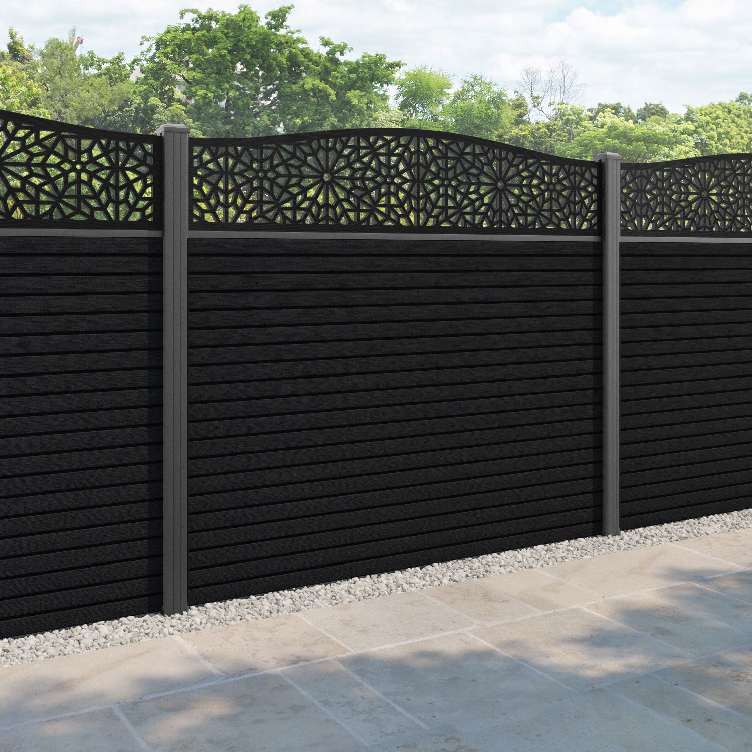 Hudson Alnara Curved Top Fence Panel - Black - with our aluminium posts