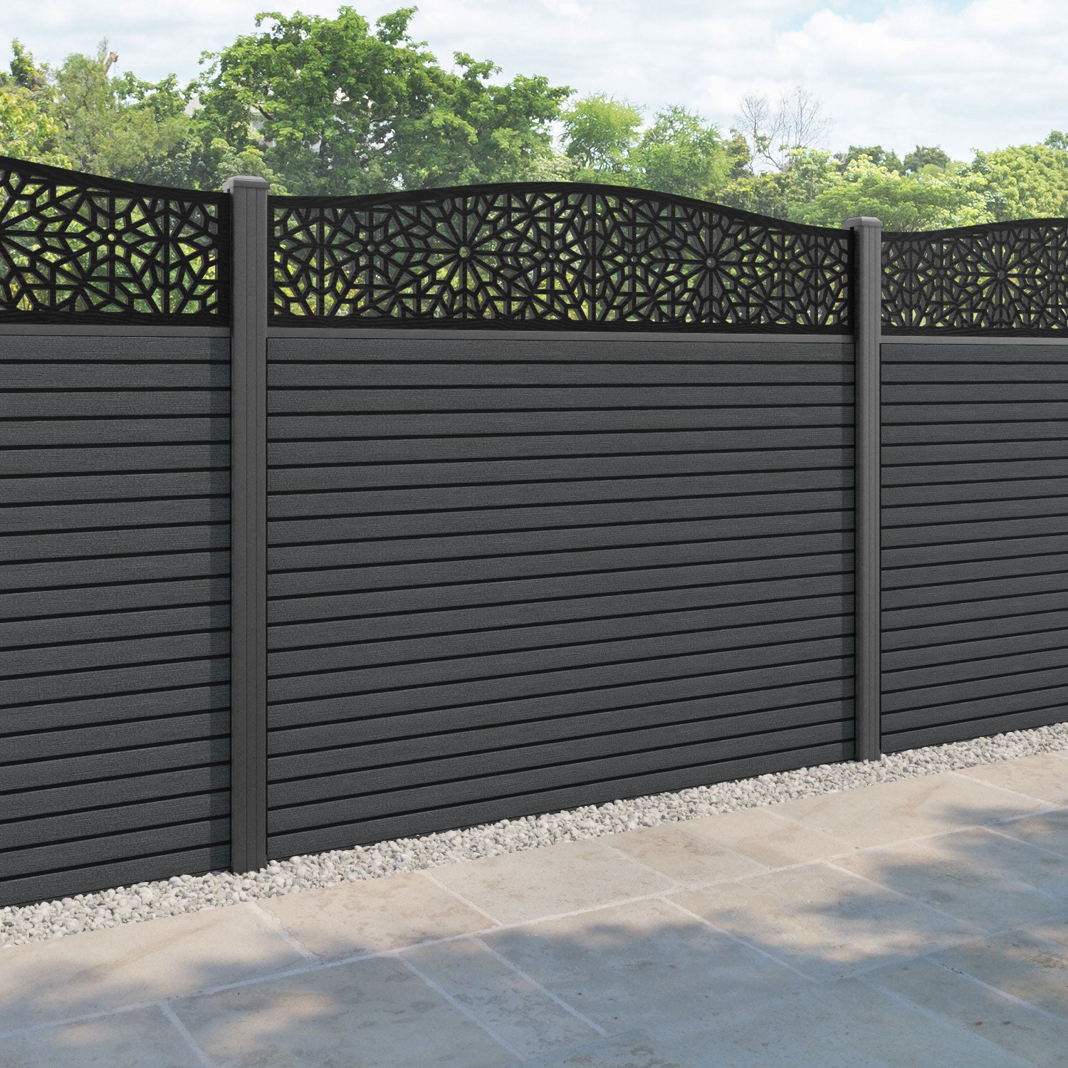 Hudson Alnara Curved Top Fence Panel - Dark Grey - with our aluminium posts