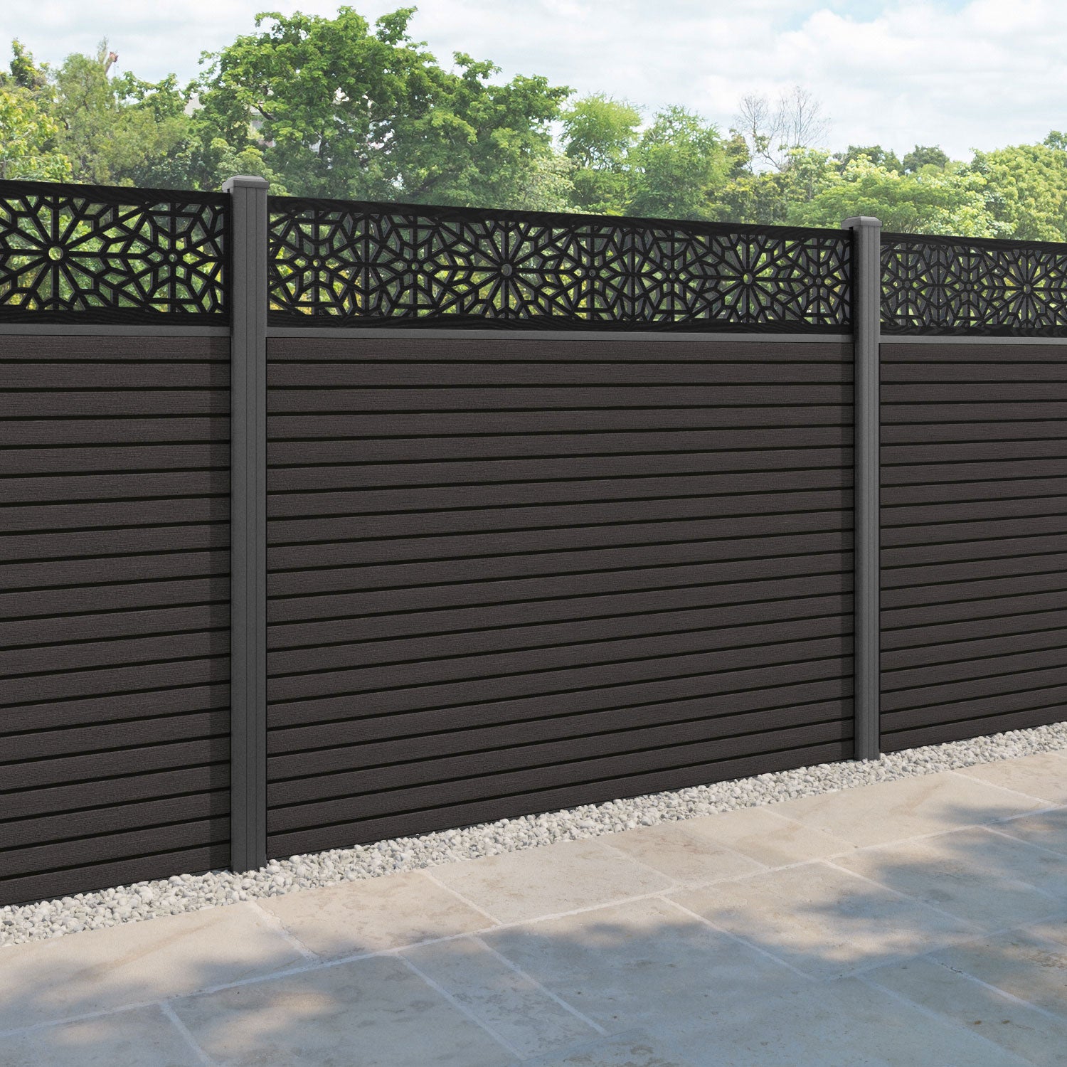 Hudson Alnara Fence Panel - Dark Oak - with our aluminium posts