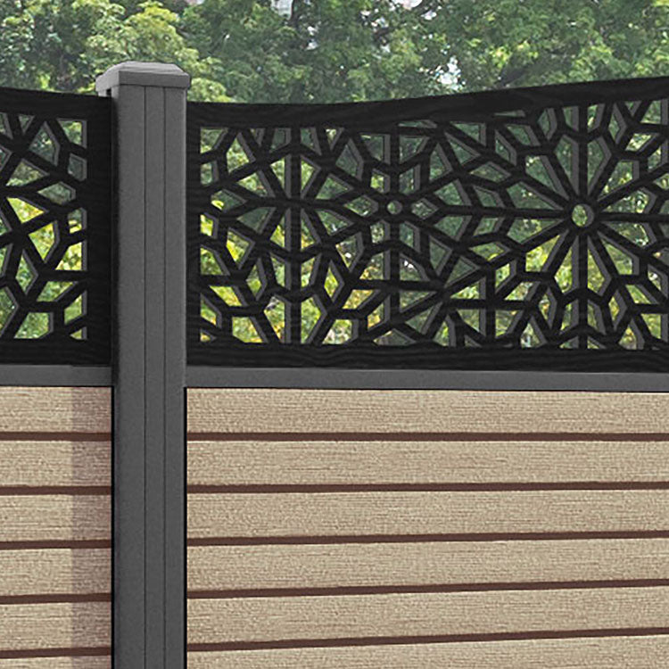 Hudson Alnara Curved Top Fence Panel - Light Oak - with our aluminium posts