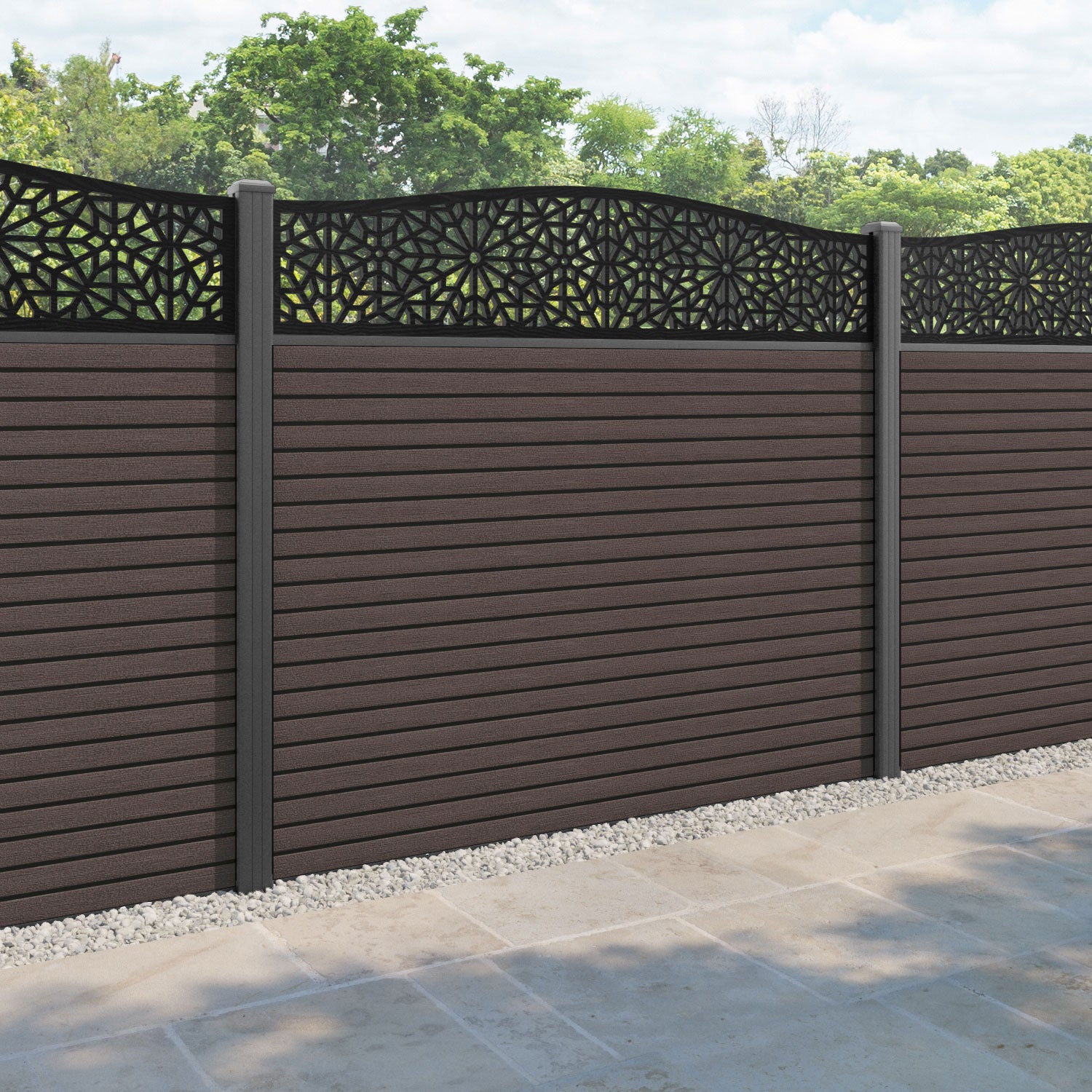Hudson Alnara Curved Top Fence Panel - Mid Brown - with our aluminium posts