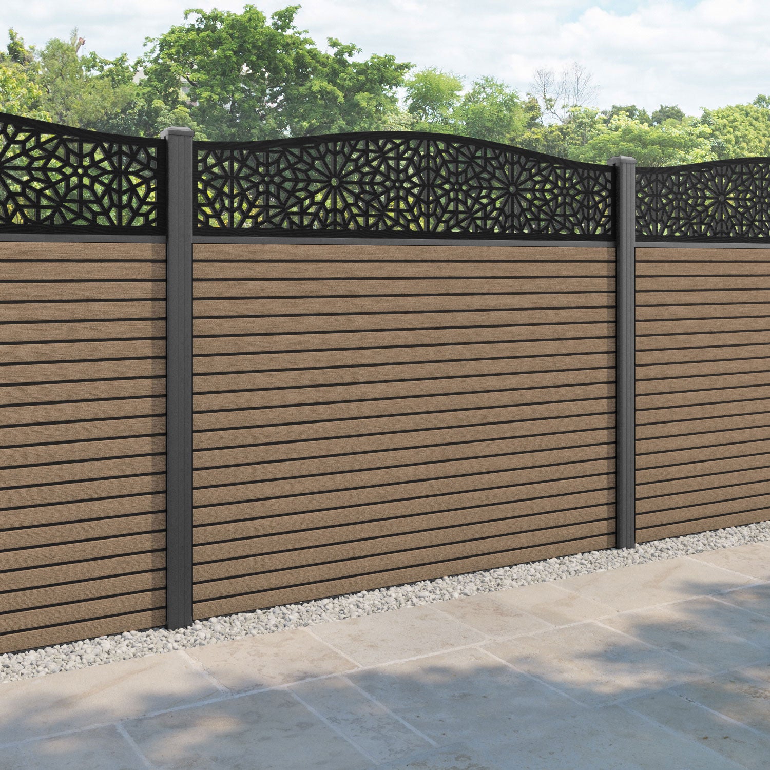 Hudson Alnara Curved Top Fence Panel - Teak - with our aluminium posts