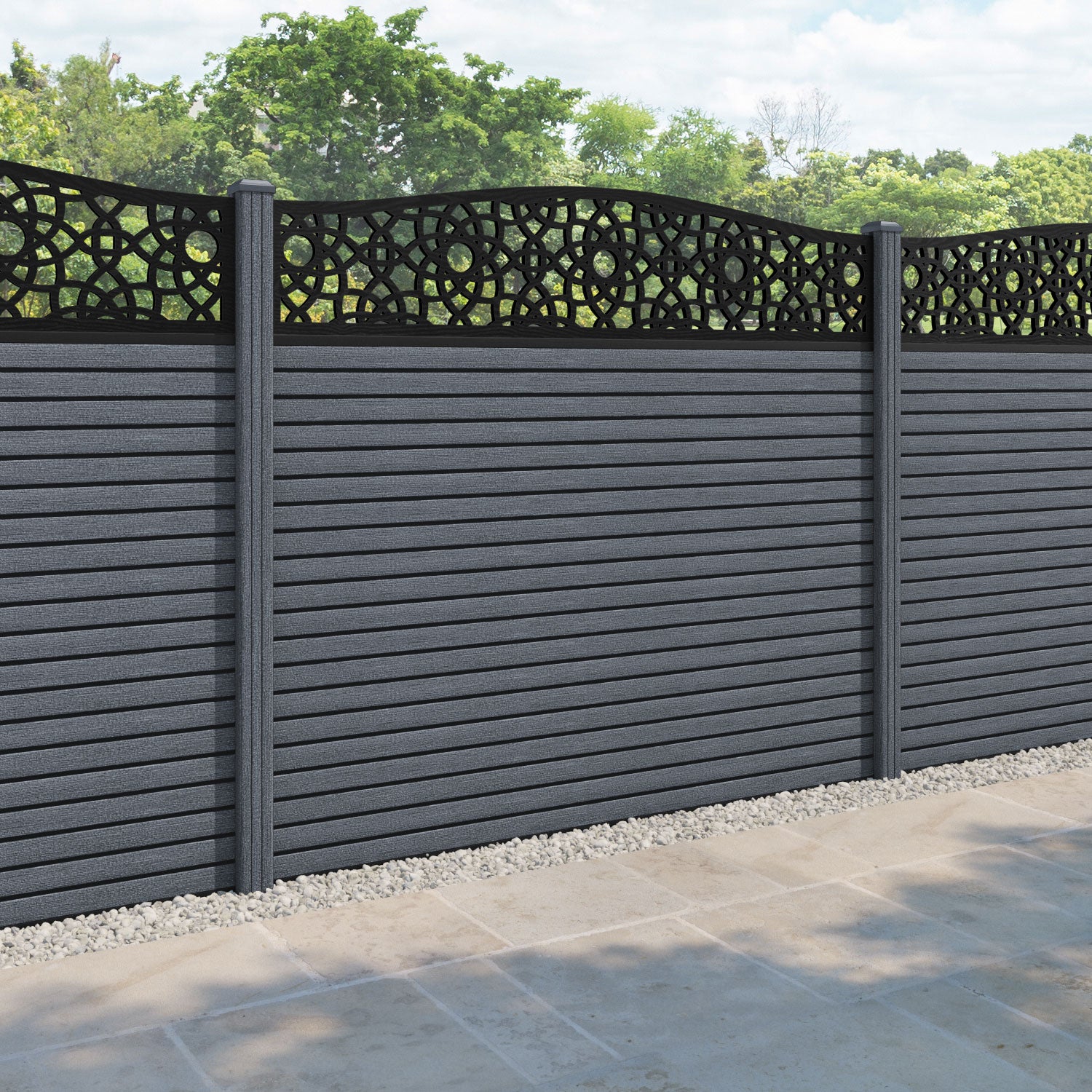 Hudson Ambar Curved Top Fence Panel - Anthracite - with our composite posts