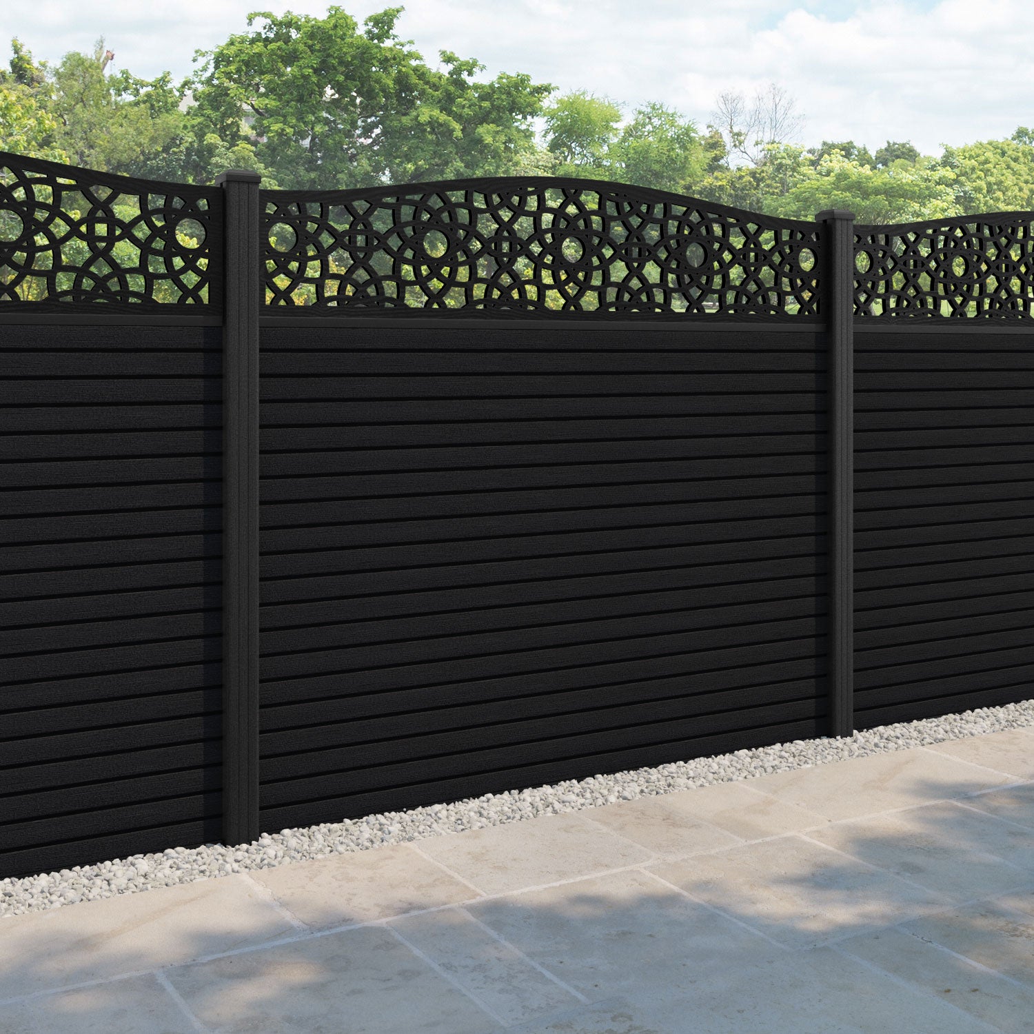 Hudson Ambar Curved Top Fence Panel - Black - with our composite posts
