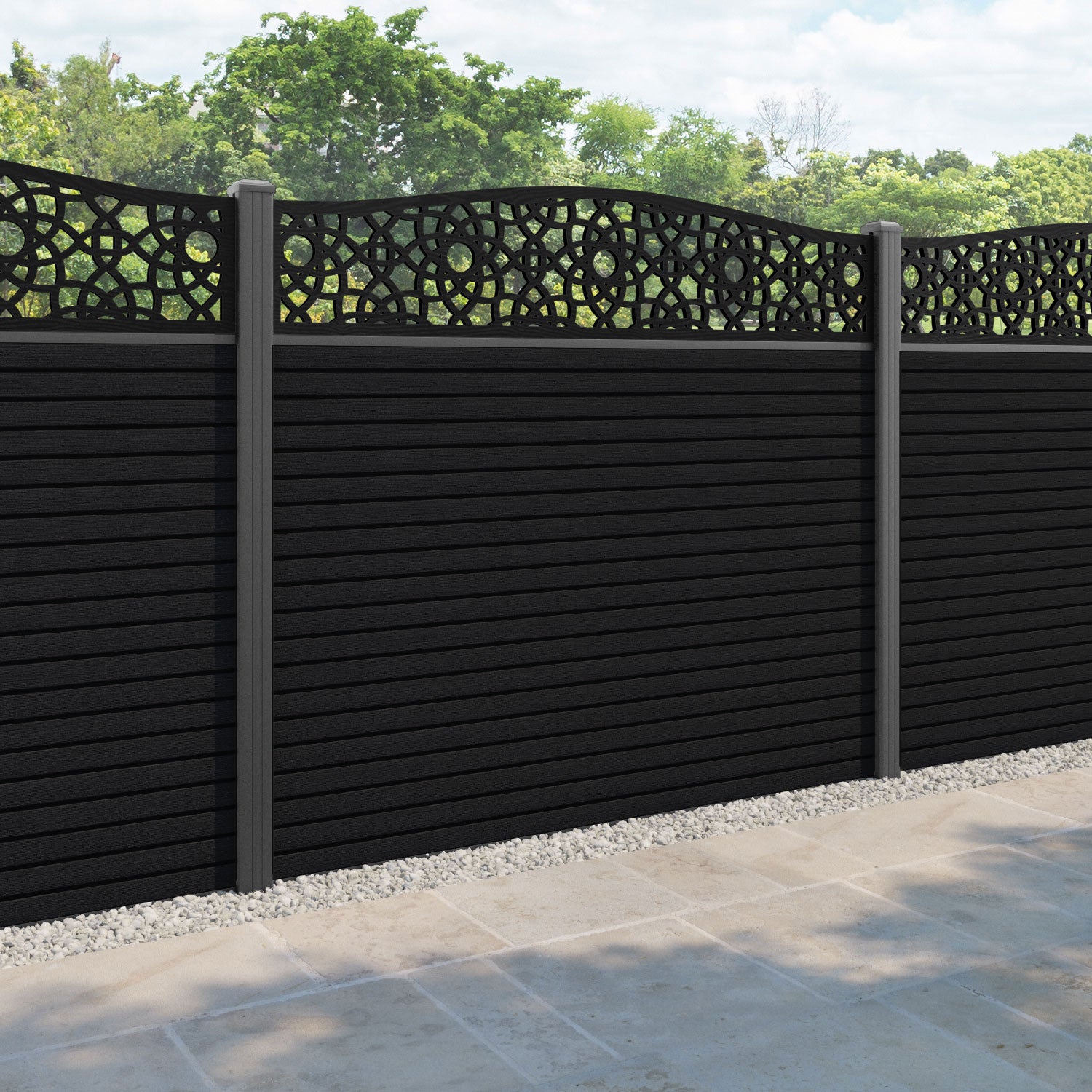 Hudson Ambar Curved Top Fence Panel - Black - with our aluminium posts