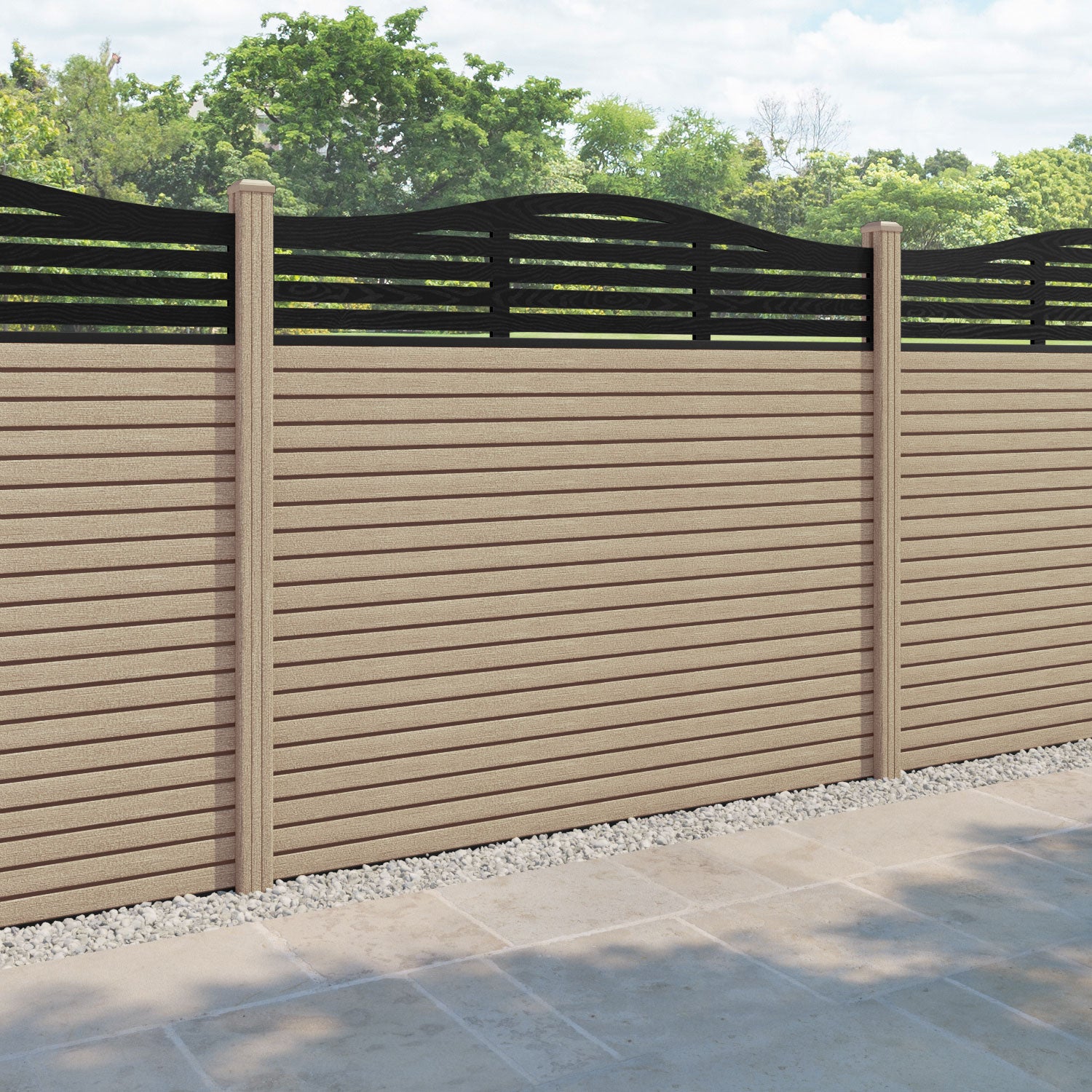 Hudson Aspen Curved Top Fence Panel - Light Oak - with our composite posts