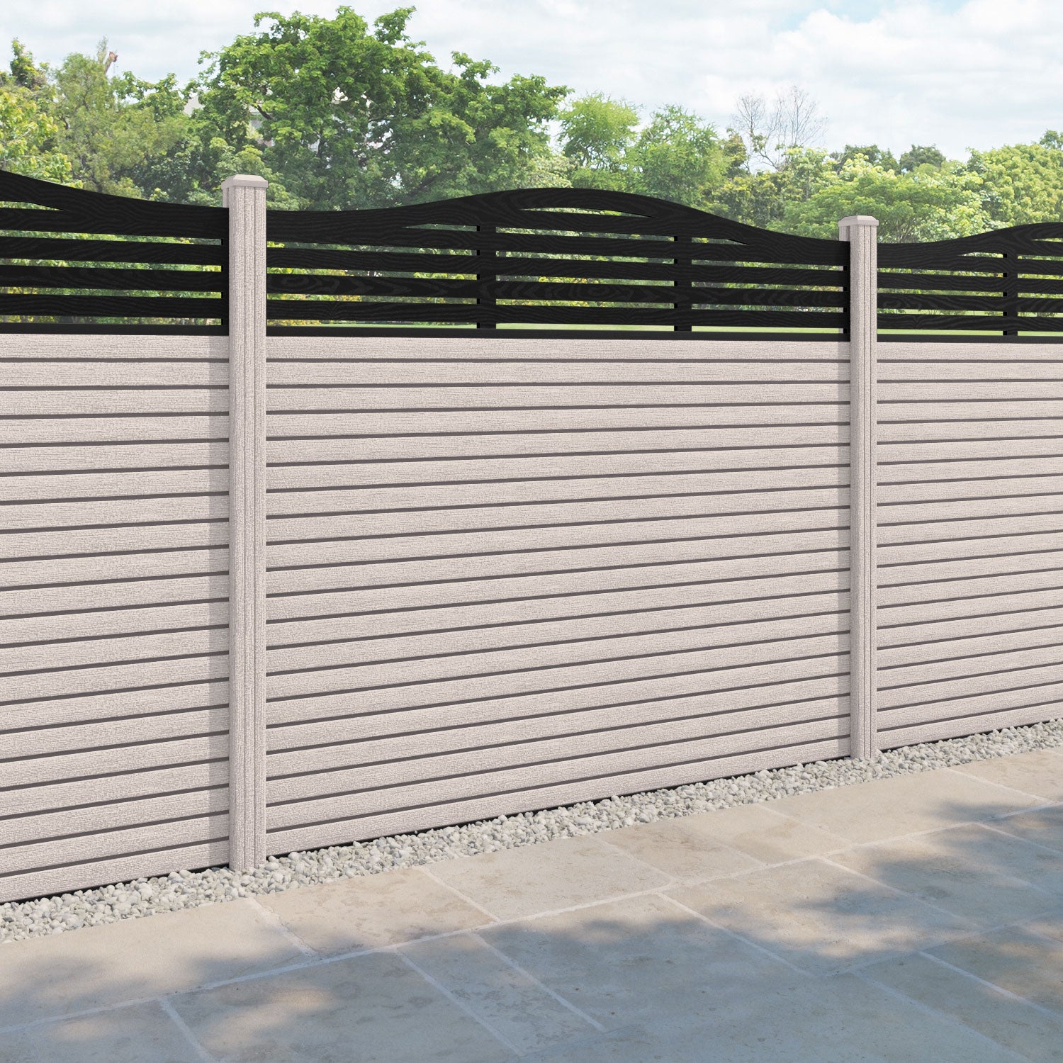 Hudson Aspen Curved Top Fence Panel - Mid Stone - with our composite posts