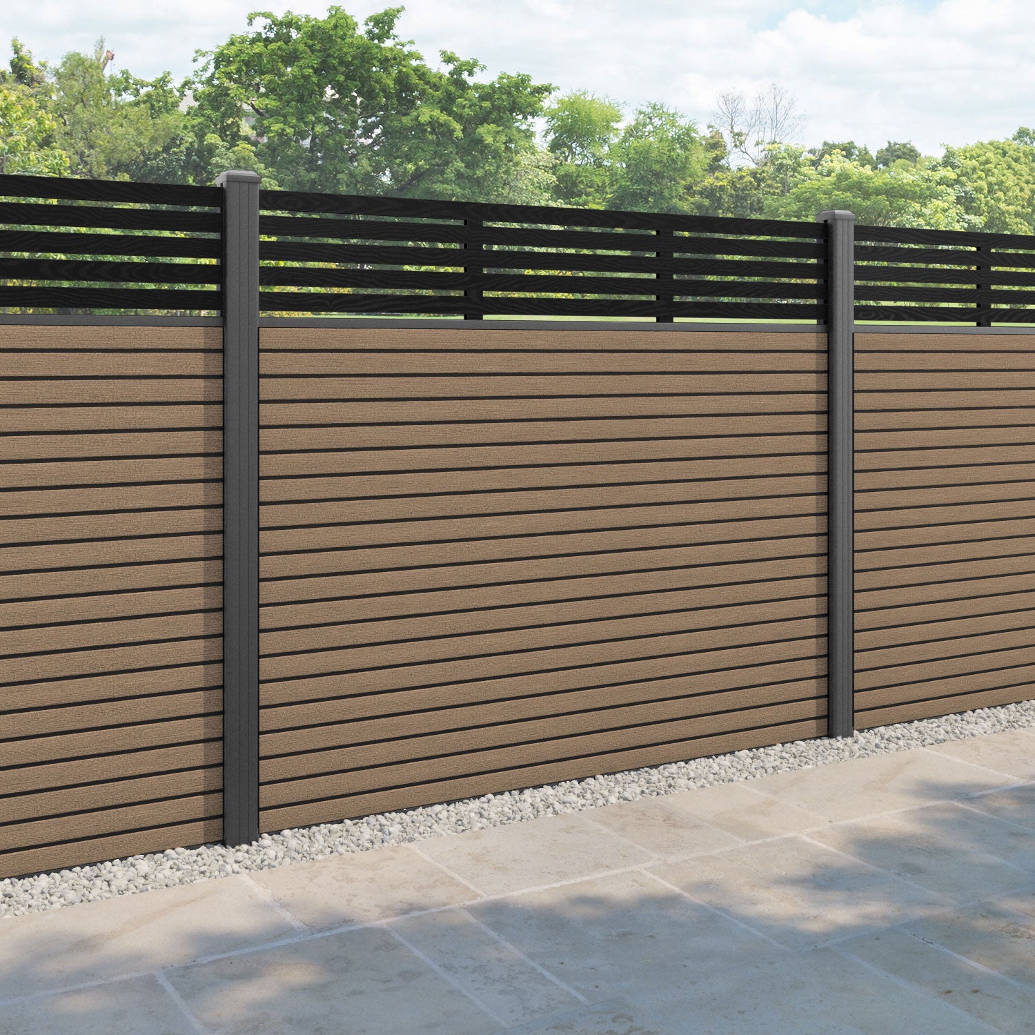 Hudson Aspen Fence Panel - Teak - with our aluminium posts