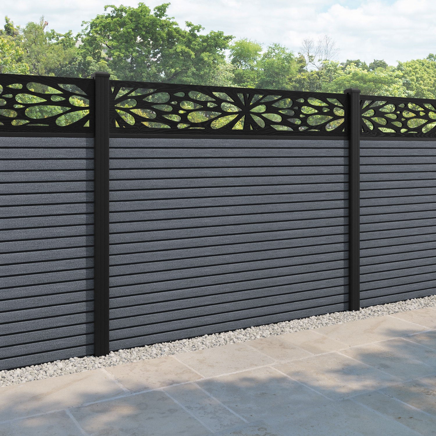 Hudson Blossom Fence Panel - Anthracite - with our aluminium posts