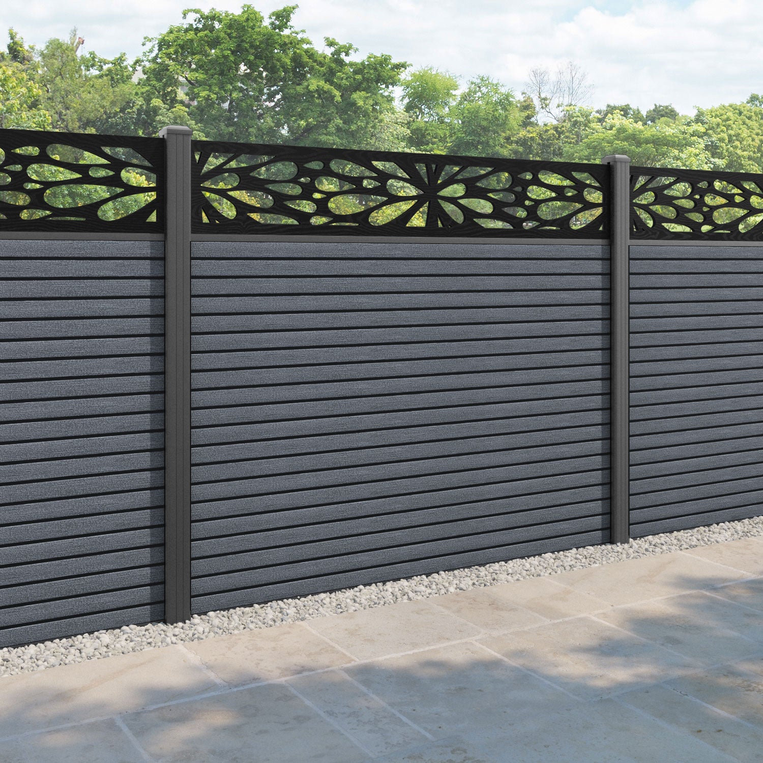Hudson Blossom Fence Panel - Anthracite - with our aluminium posts