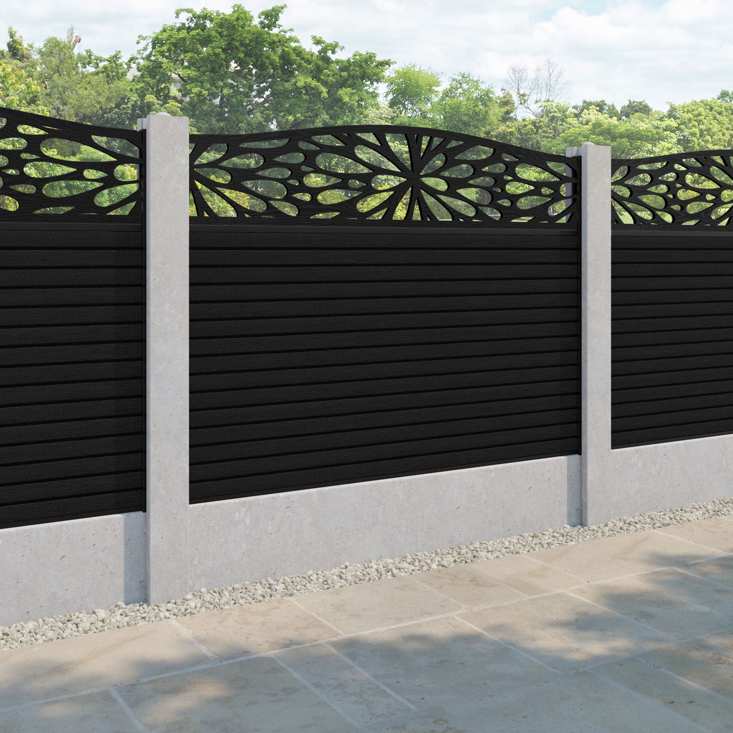 Hudson Blossom Curved Top Fence Panel - Black - for existing concrete posts