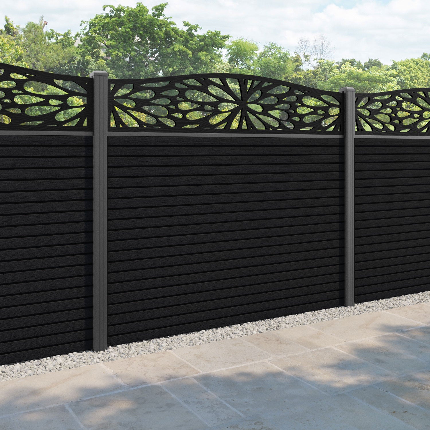 Hudson Blossom Curved Top Fence Panel - Black - with our aluminium posts