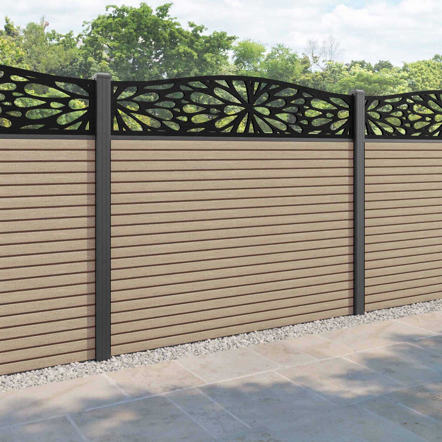Hudson Blossom Curved Top Fence Panel - Light Oak - with our aluminium posts