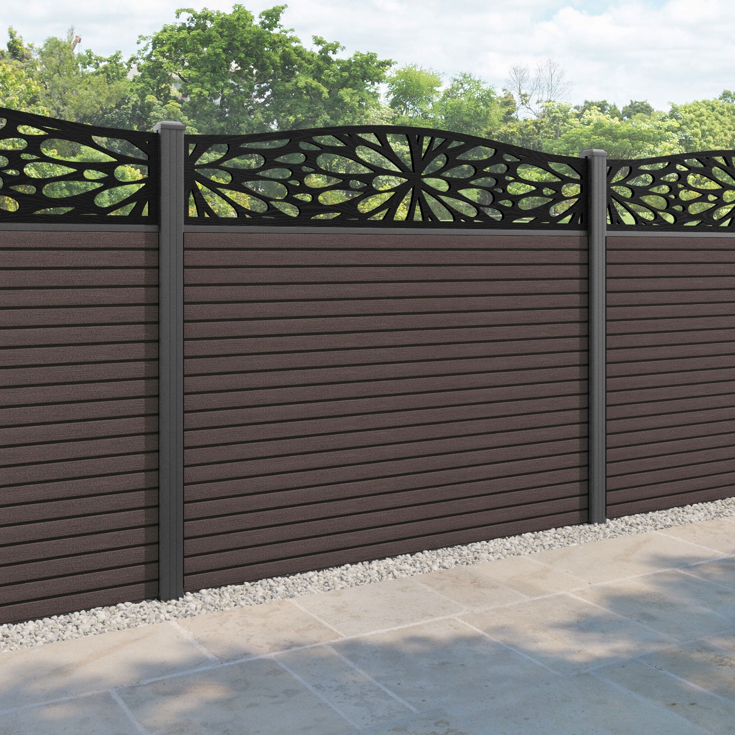 Hudson Blossom Curved Top Fence Panel - Mid Brown - with our aluminium posts