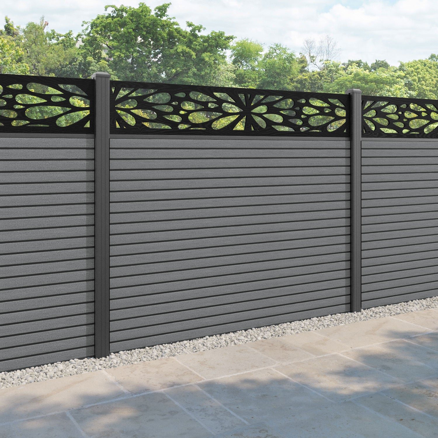 Hudson Blossom Fence Panel - Mid Grey - with our aluminium posts