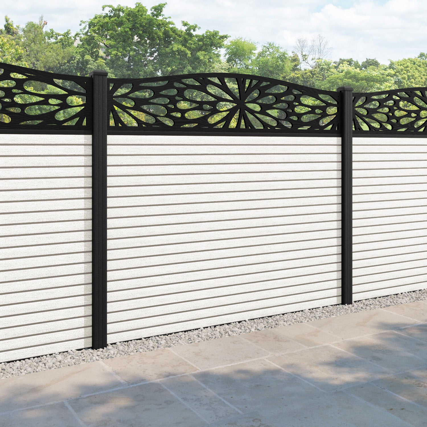 Hudson Blossom Curved Top Fence Panel - Light Stone - with our composite posts
