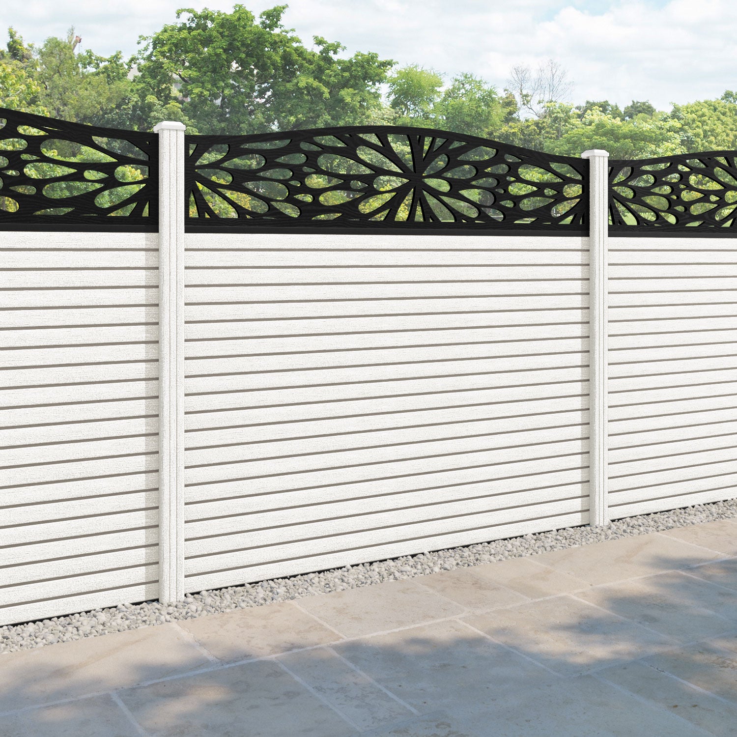 Hudson Blossom Curved Top Fence Panel - Light Stone - with our composite posts