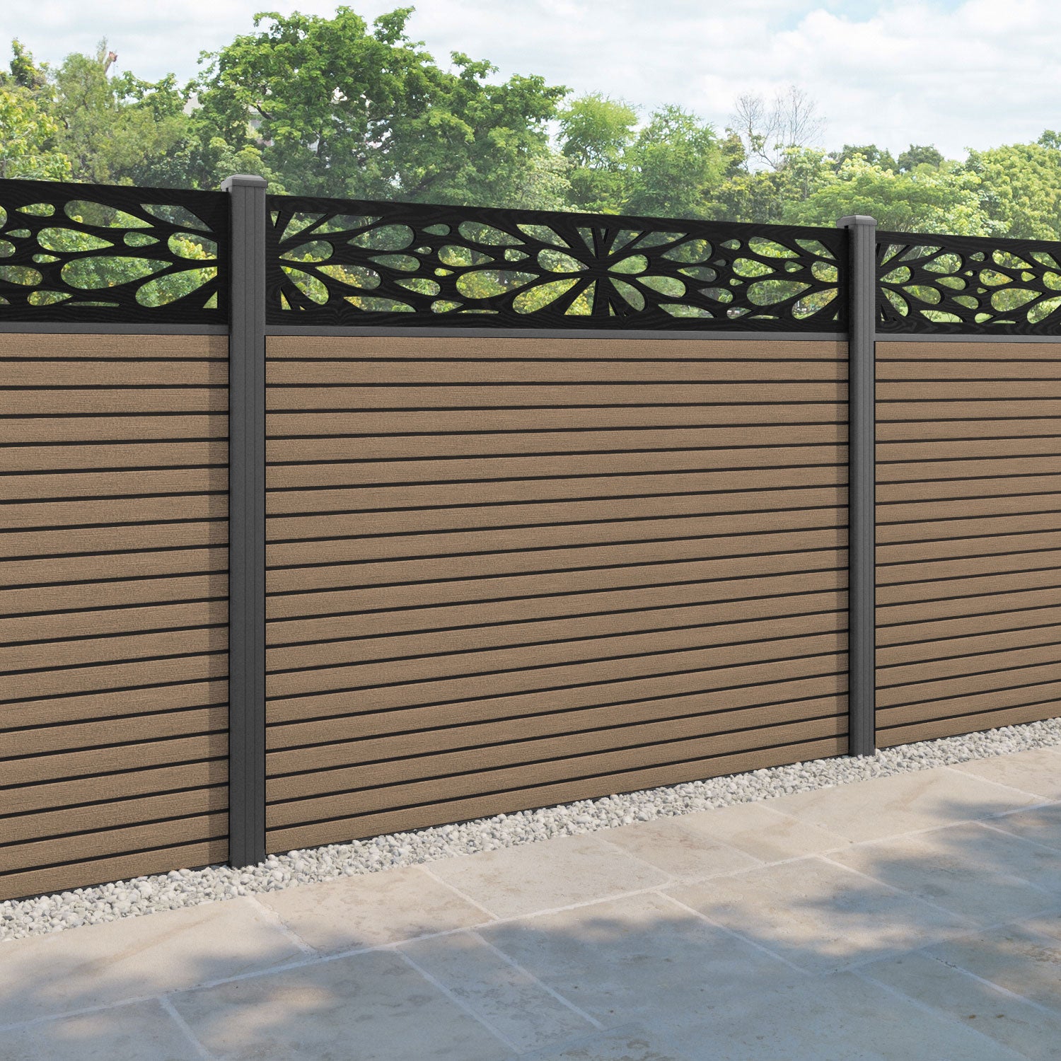 Hudson Blossom Fence Panel - Teak - with our aluminium posts
