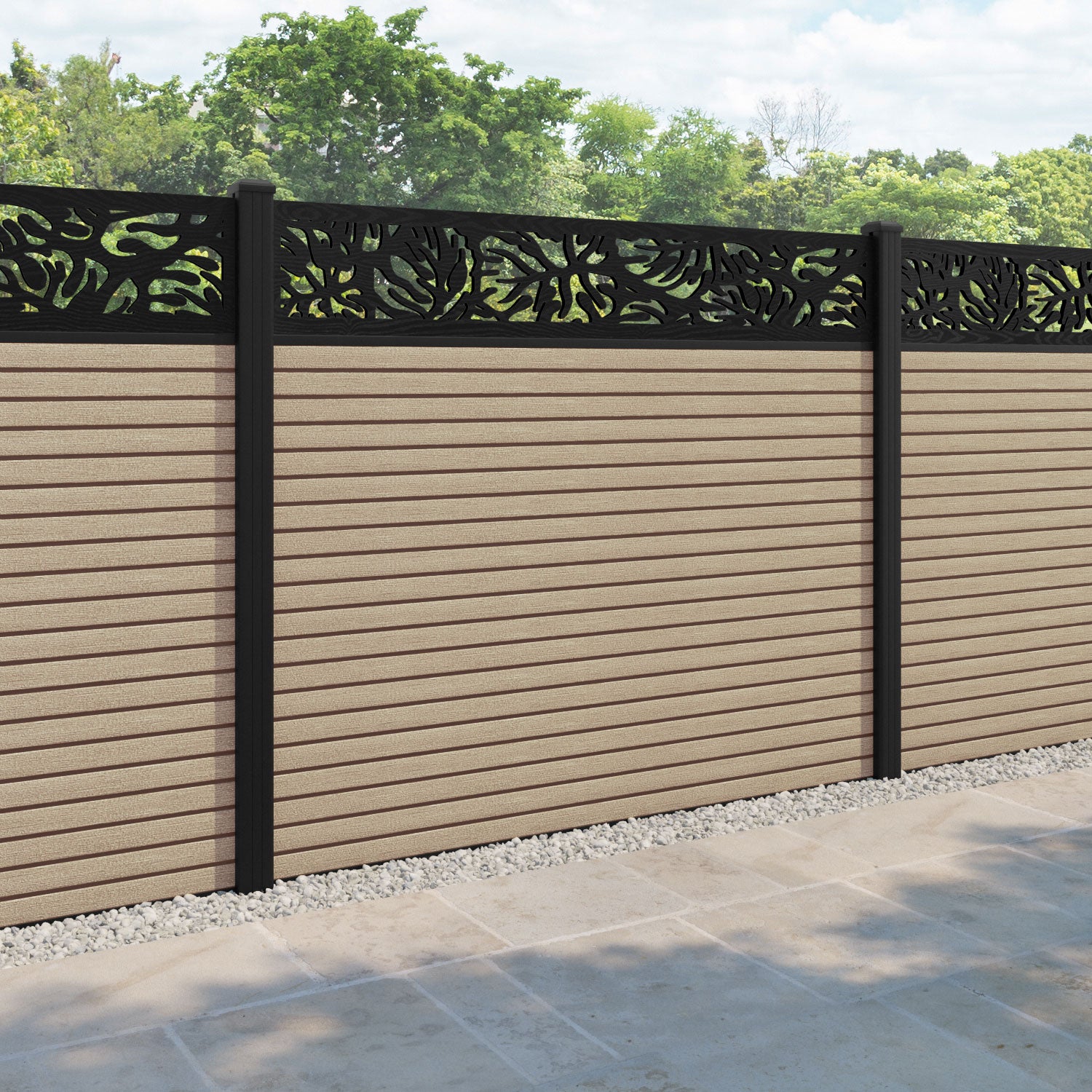 Hudson Botanic Fence Panel - Light Oak - with our aluminium posts