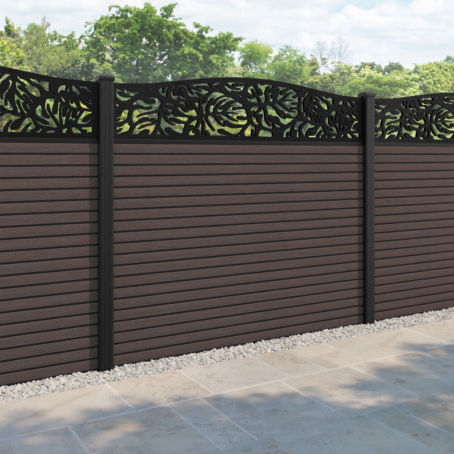 Hudson Botanic Curved Top Fence Panel - Mid Brown - with our composite posts