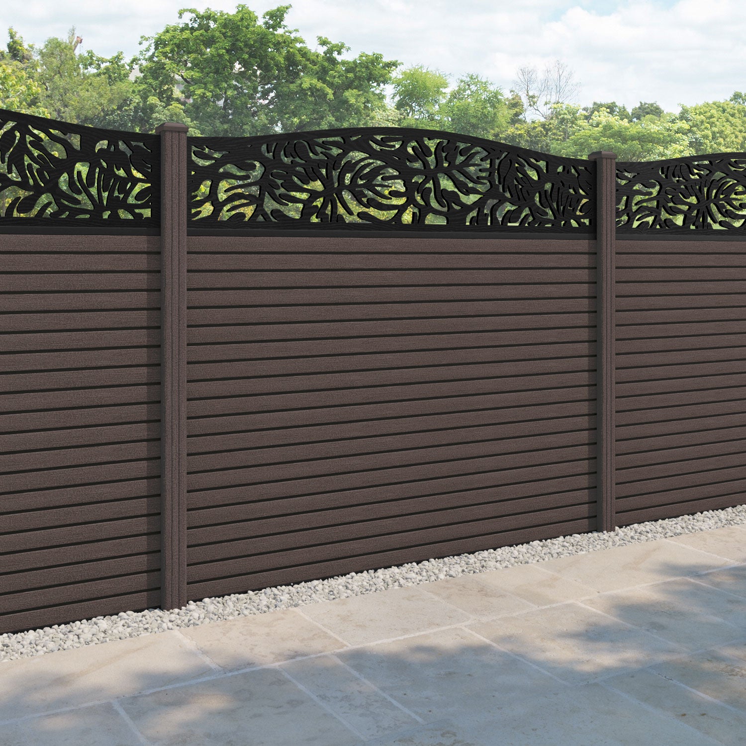 Hudson Botanic Curved Top Fence Panel - Mid Brown - with our composite posts