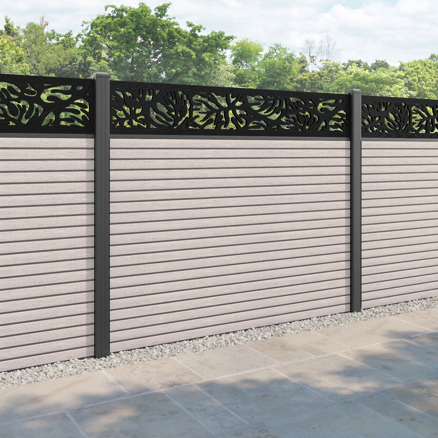 Hudson Botanic Fence Panel - Mid Stone - with our aluminium posts